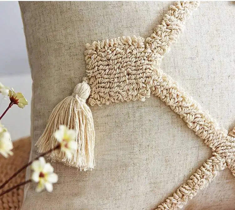 Boho Linen Cushion Cover with Tassel Detail