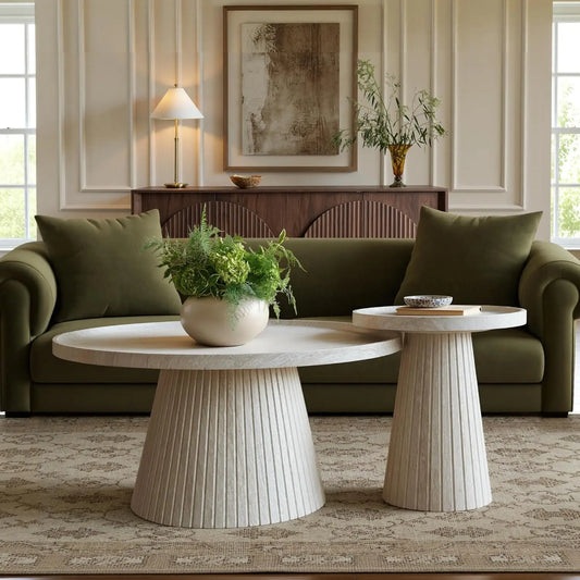 Modern Nesting Coffee Table Set of 2 with Fluted Design & Faux Stone Top