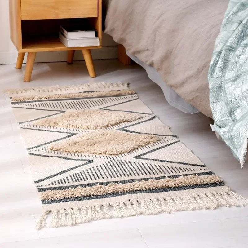 Nordic Moroccan Tassel Rug – Geometric Bedroom Area Rug