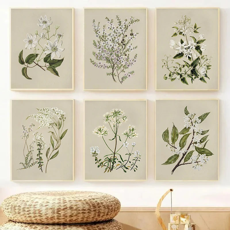 6-Piece Neutral Botanical Wall Art Set – Vintage Floral Prints