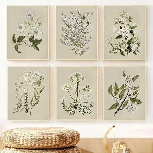 6-Piece Neutral Botanical Wall Art Set – Vintage Floral Prints