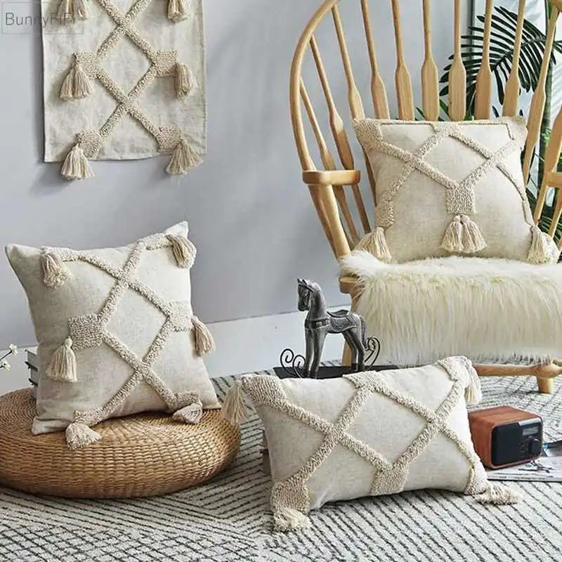 Boho Linen Cushion Cover with Tassel Detail