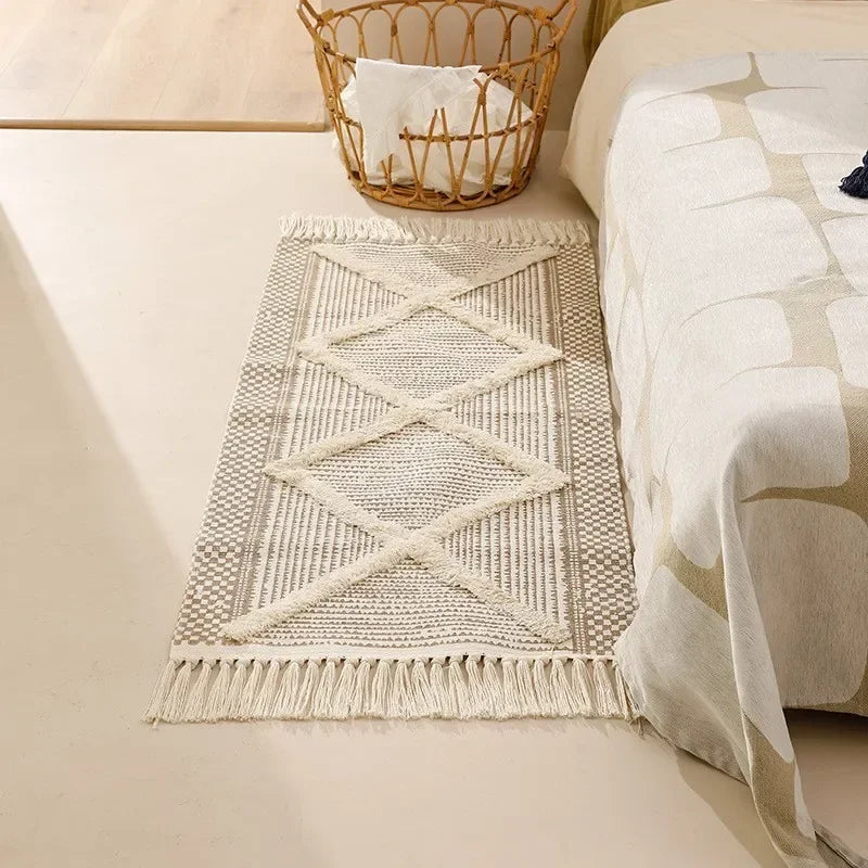 Nordic Moroccan Tassel Rug – Geometric Bedroom Area Rug