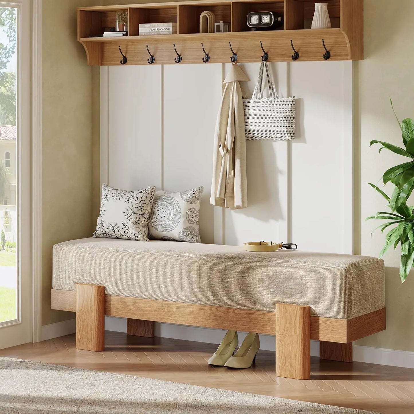 55-Inch Upholstered Entryway Bench with Storage Shelf & Padded Seat