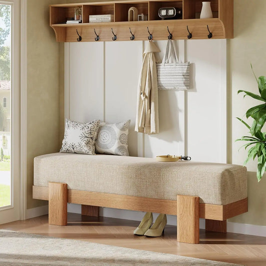 55-Inch Upholstered Entryway Bench with Storage Shelf & Padded Seat