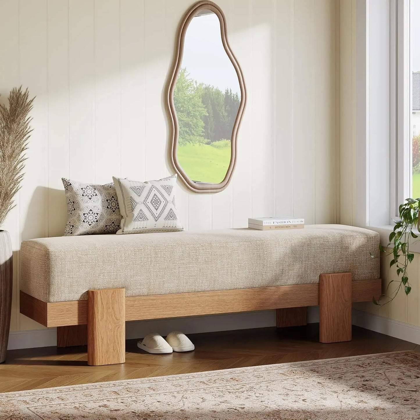 55-Inch Upholstered Entryway Bench with Storage Shelf & Padded Seat