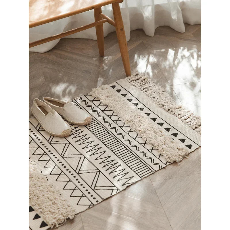 Nordic Moroccan Tassel Rug – Geometric Bedroom Area Rug