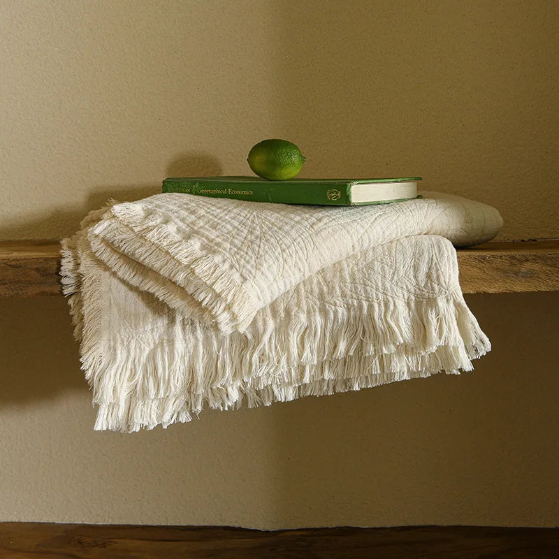 Cotton Muslin Gauze Throw Blanket with Tassels | Boho Jacquard Woven Sofa Blanket