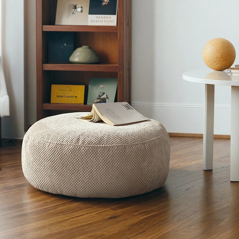 Cream Velvet Floor Pouf Ottoman — Cozy Round Accent Seat