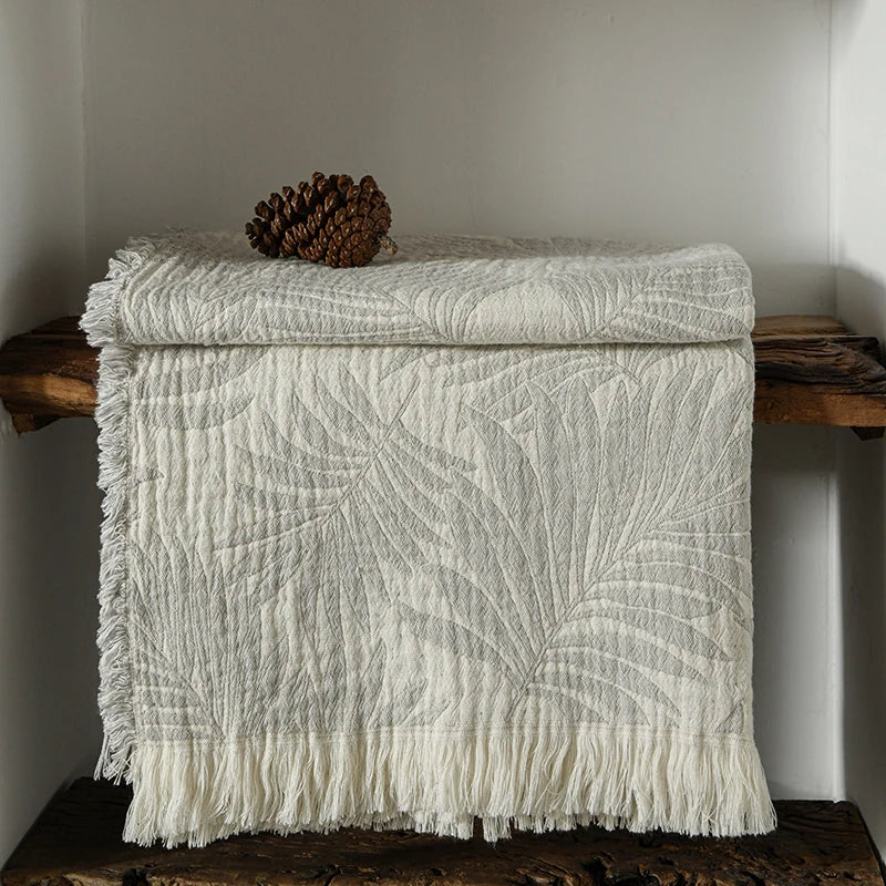 Cotton Muslin Gauze Throw Blanket with Tassels | Boho Jacquard Woven Sofa Blanket
