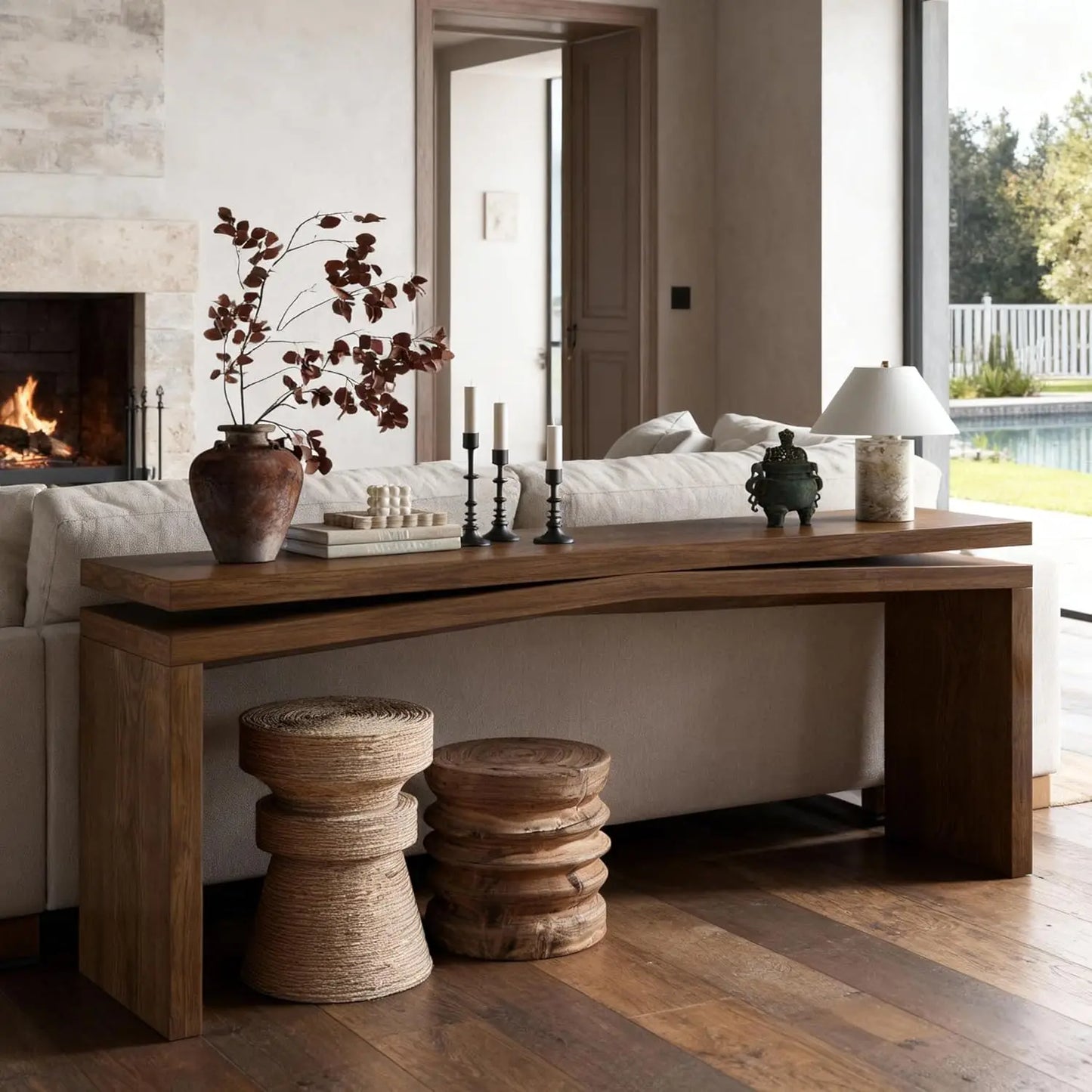 65-Inch Rustic Solid Wood Veneer Long Console Table, Farmhouse Entryway