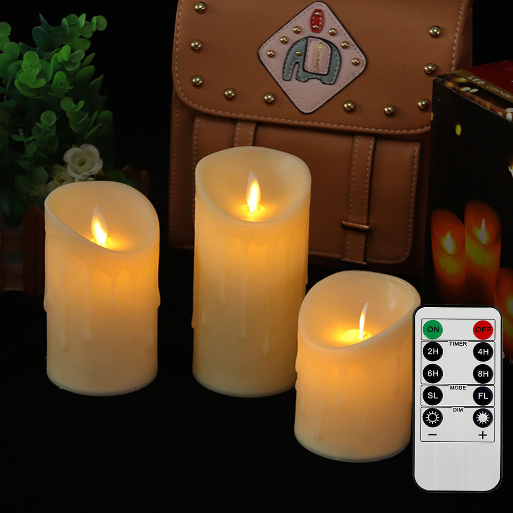 3-Piece Flickering Flameless LED Pillar Candle Set — Remote Controlled