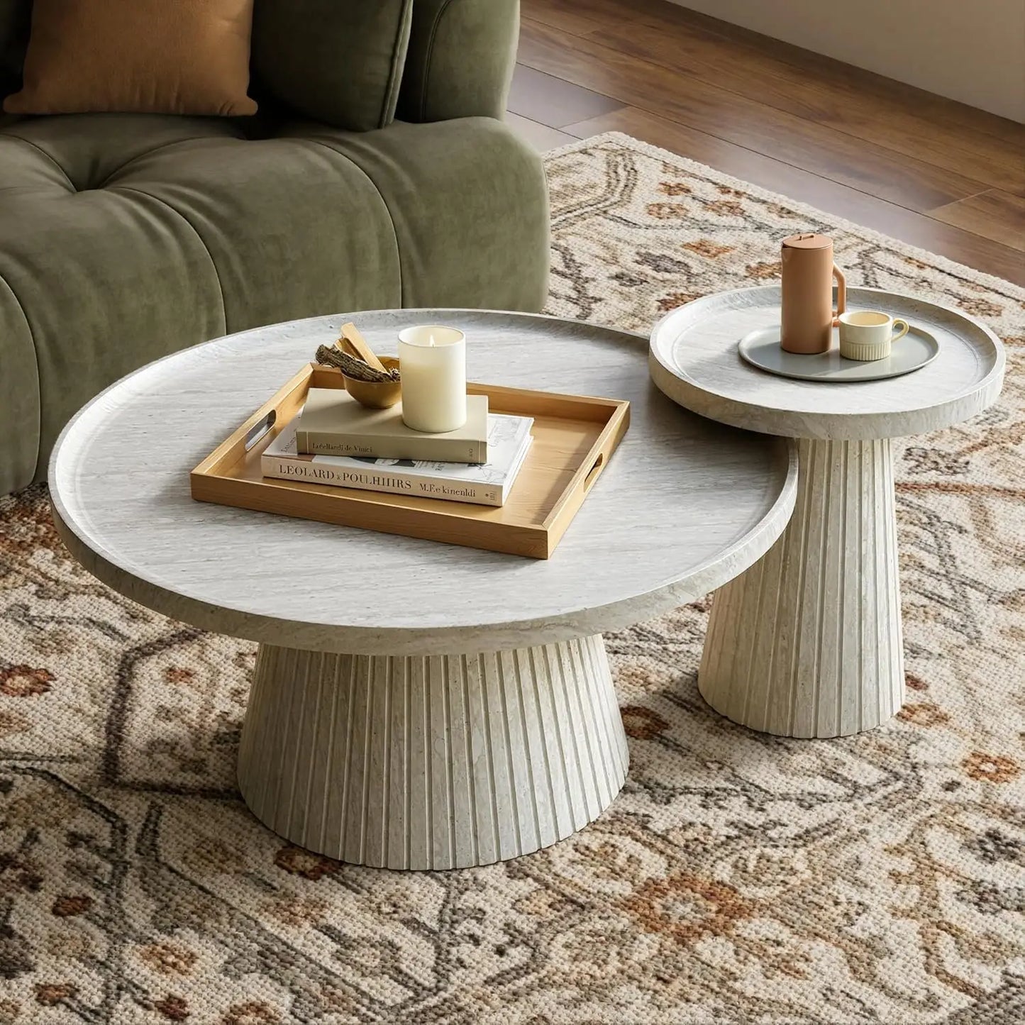 Modern Nesting Coffee Table Set of 2 with Fluted Design & Faux Stone Top