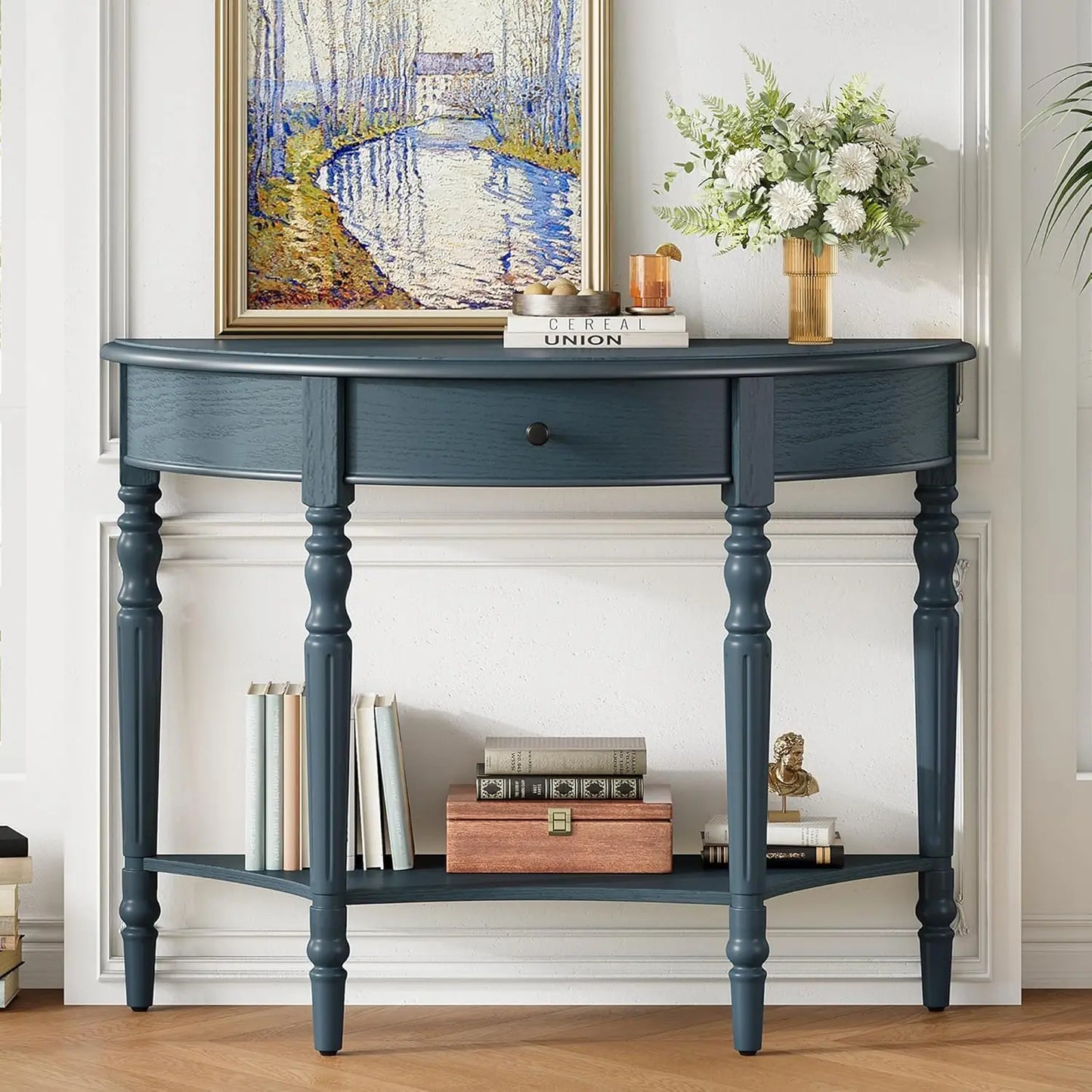 65-Inch Rustic Solid Wood Veneer Long Console Table, Farmhouse Entryway