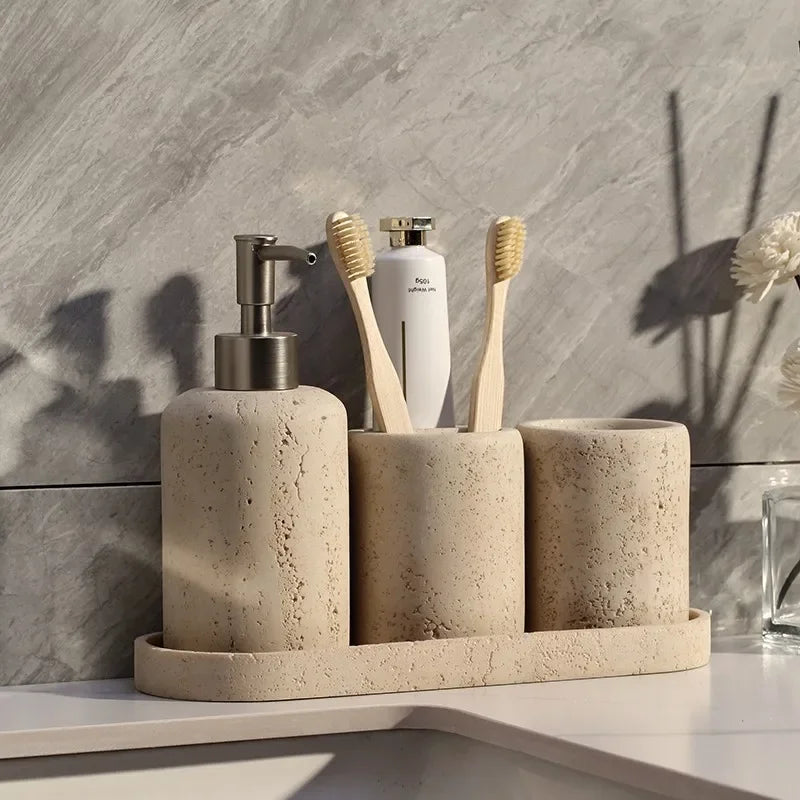 Limestone Bathroom Accessories Set — Toothbrush Holder, Soap Dispenser & Tray