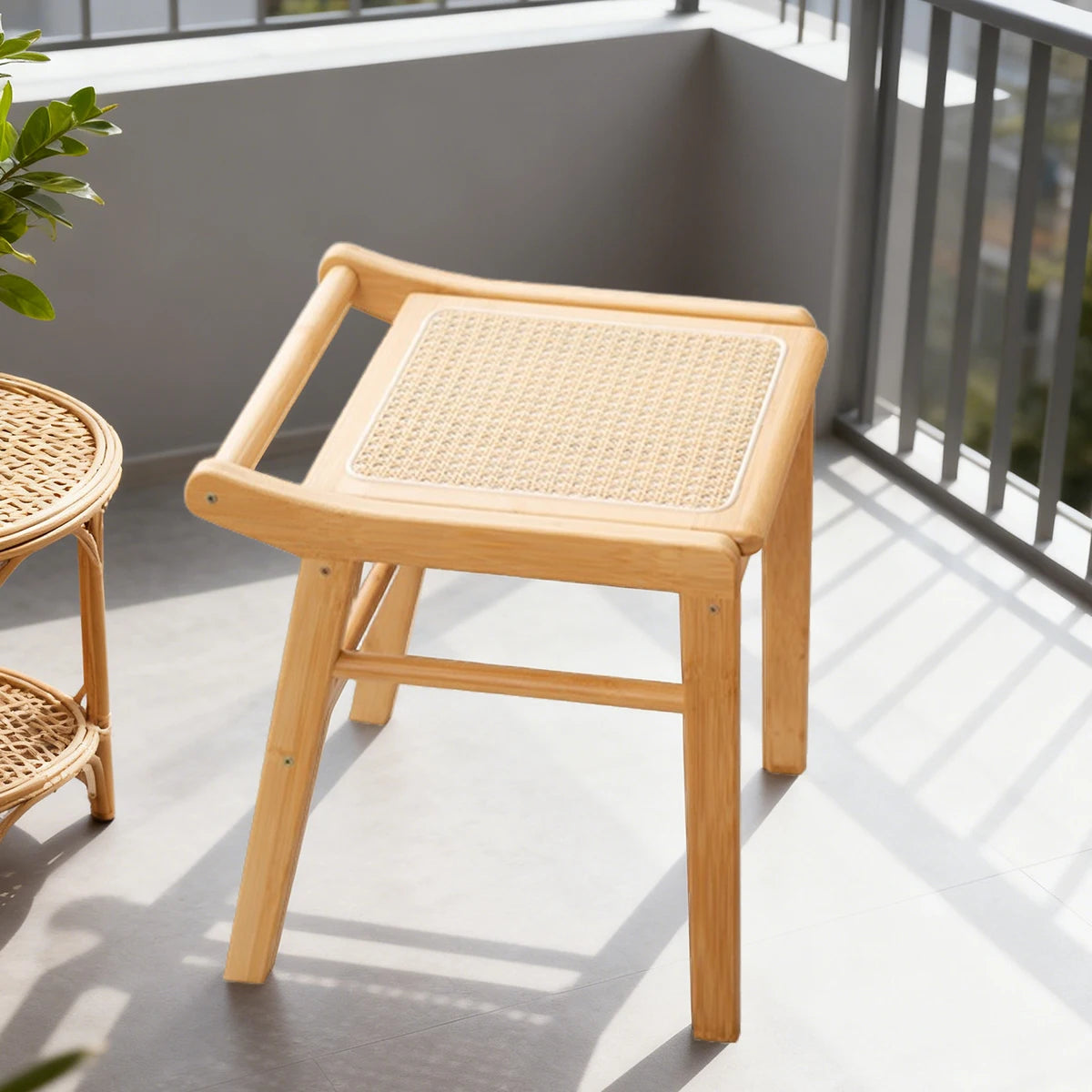Bamboo Vanity Stool with Rattan Seat — Modern Dressing & Entryway Stool