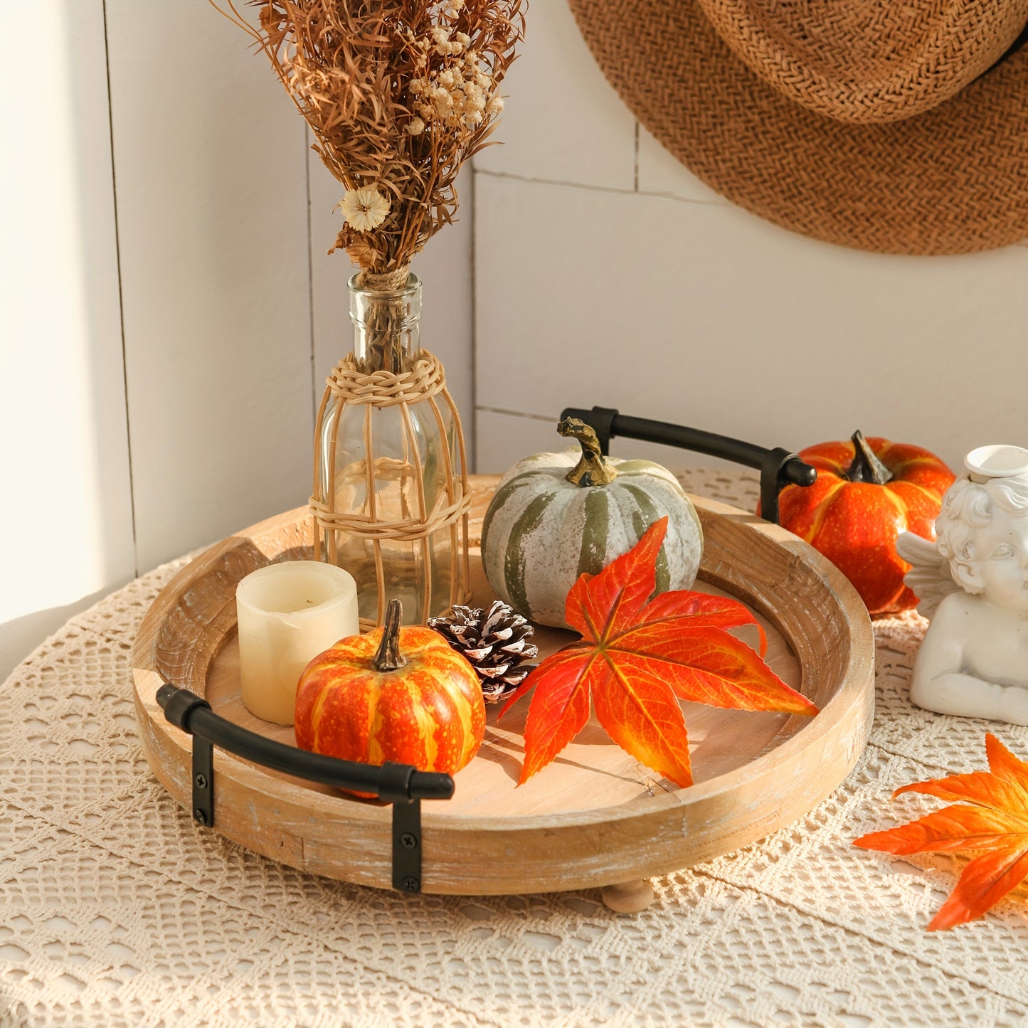 Vintage Farmhouse Decorative Tray with Metal Handles