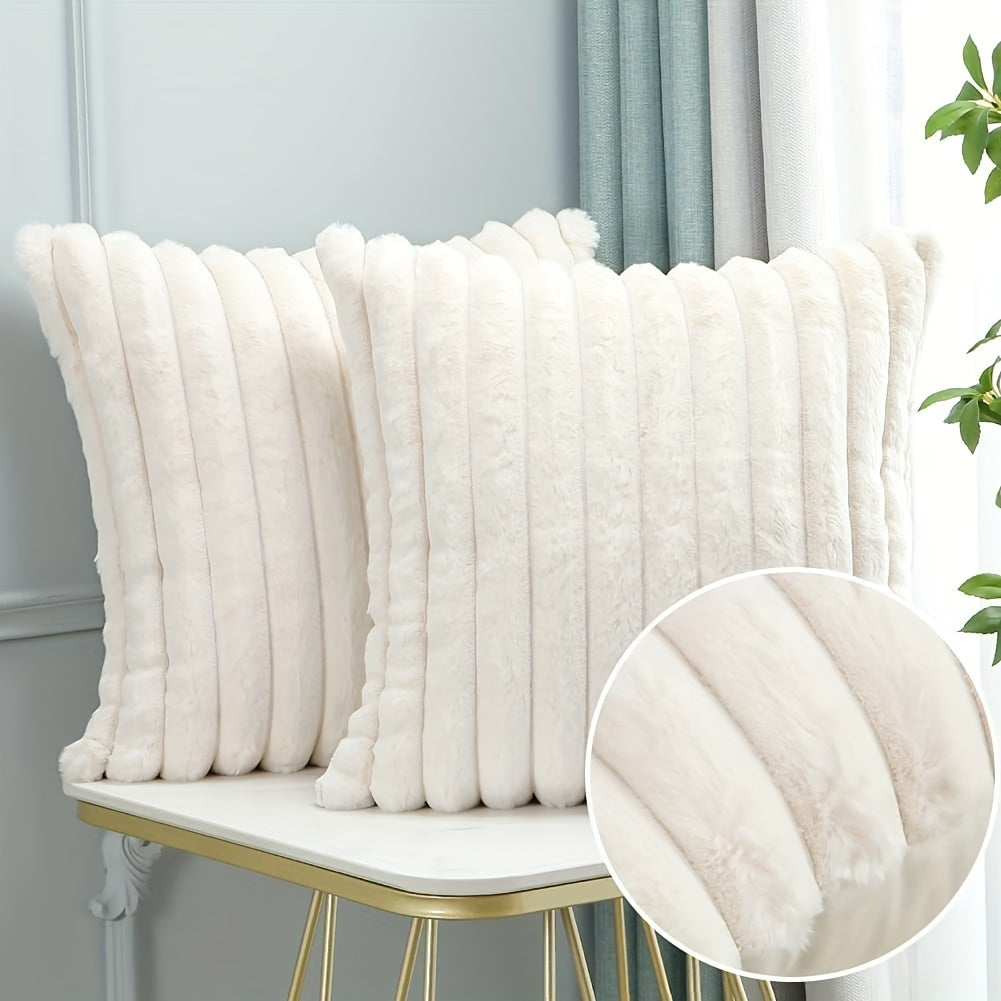 Set of 2 Faux Fur Plush Pillow Covers – Cozy Striped Texture