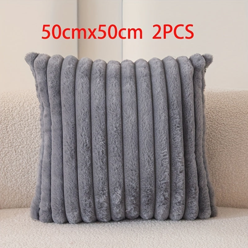 Set of 2 Faux Fur Plush Pillow Covers – Cozy Striped Texture