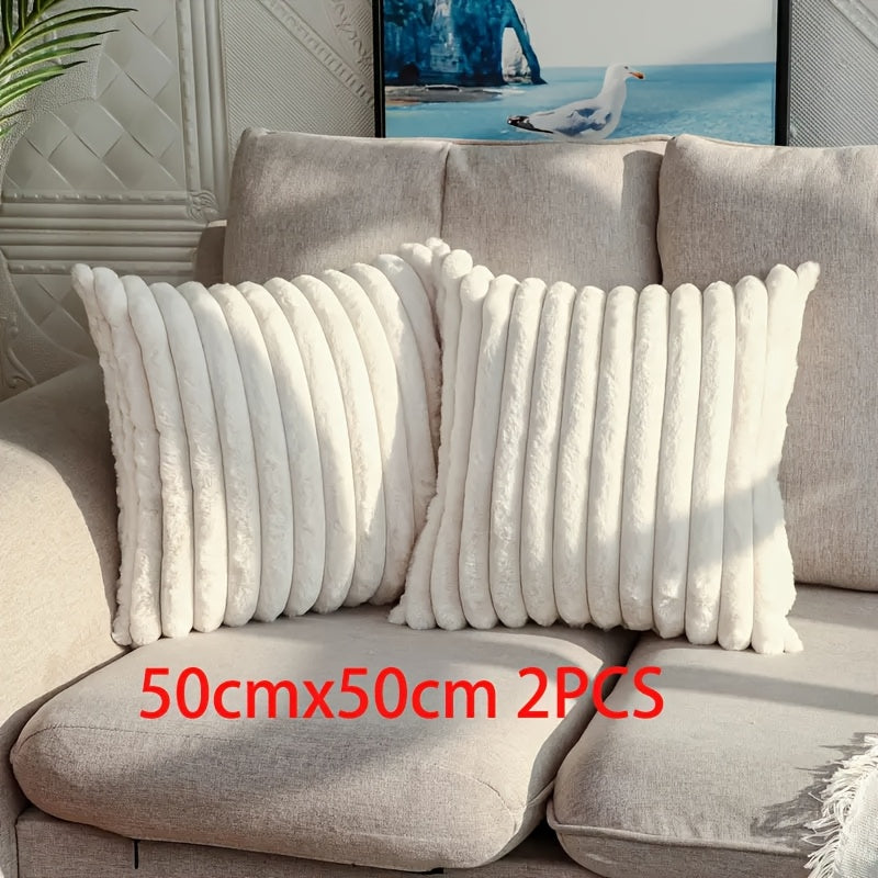 Set of 2 Faux Fur Plush Pillow Covers – Cozy Striped Texture