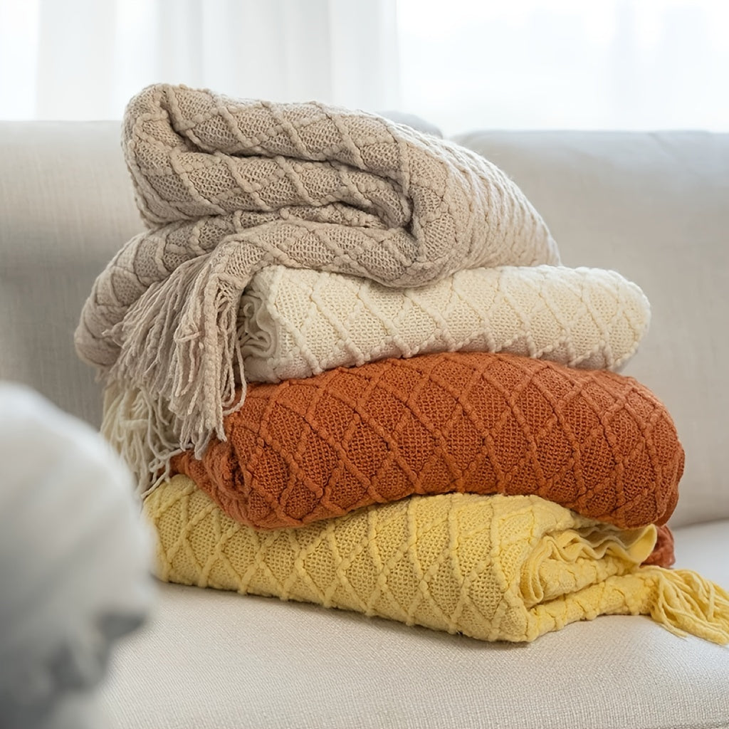 Vintage Knit Geometric Throw Blanket – Soft Cozy Sofa & Bed Decor