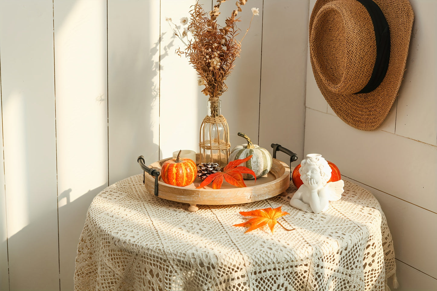 Vintage Farmhouse Decorative Tray with Metal Handles